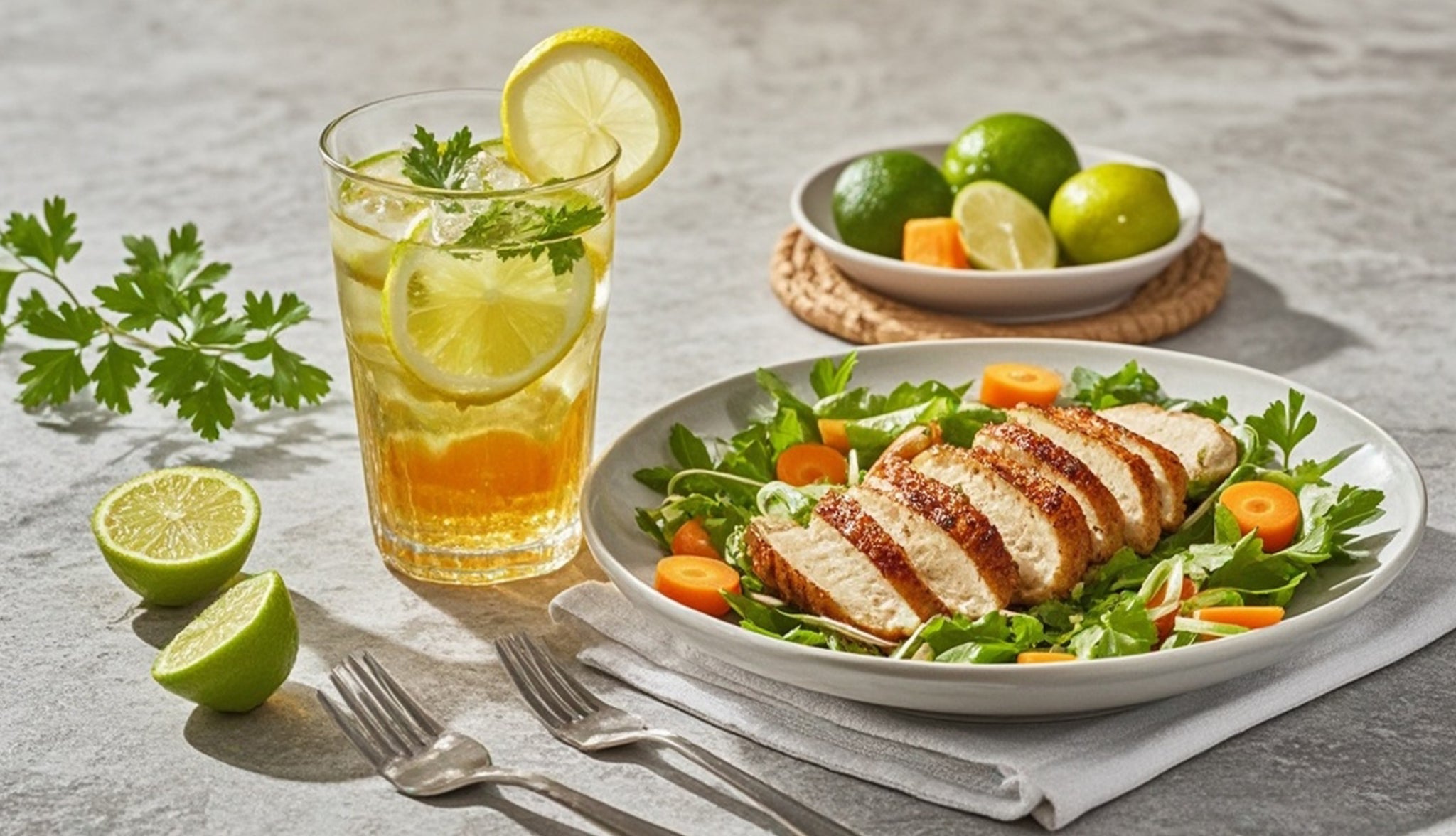 Lemon Electrolyte Drink + Grilled Chicken Breast Salad