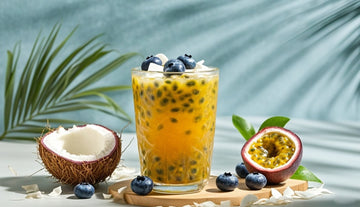 Passion Fruit Electrolyte Drink + Coconut Flakes + Blueberries